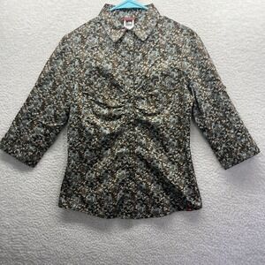 The North Face Shirt Womens Medium Brown Blue Flowers Button 3/4 sleeves New Fit